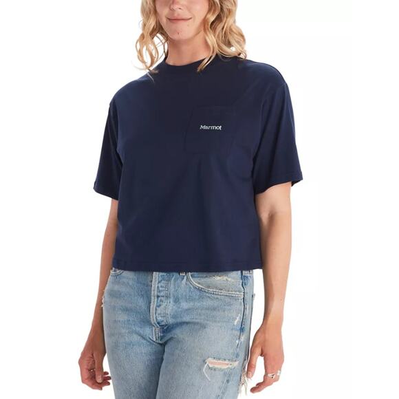 MARMOT Women's Boxy Logo Cotton Crop T-Shirt Large Blue Short Sleeve NWT - Picture 1 of 8